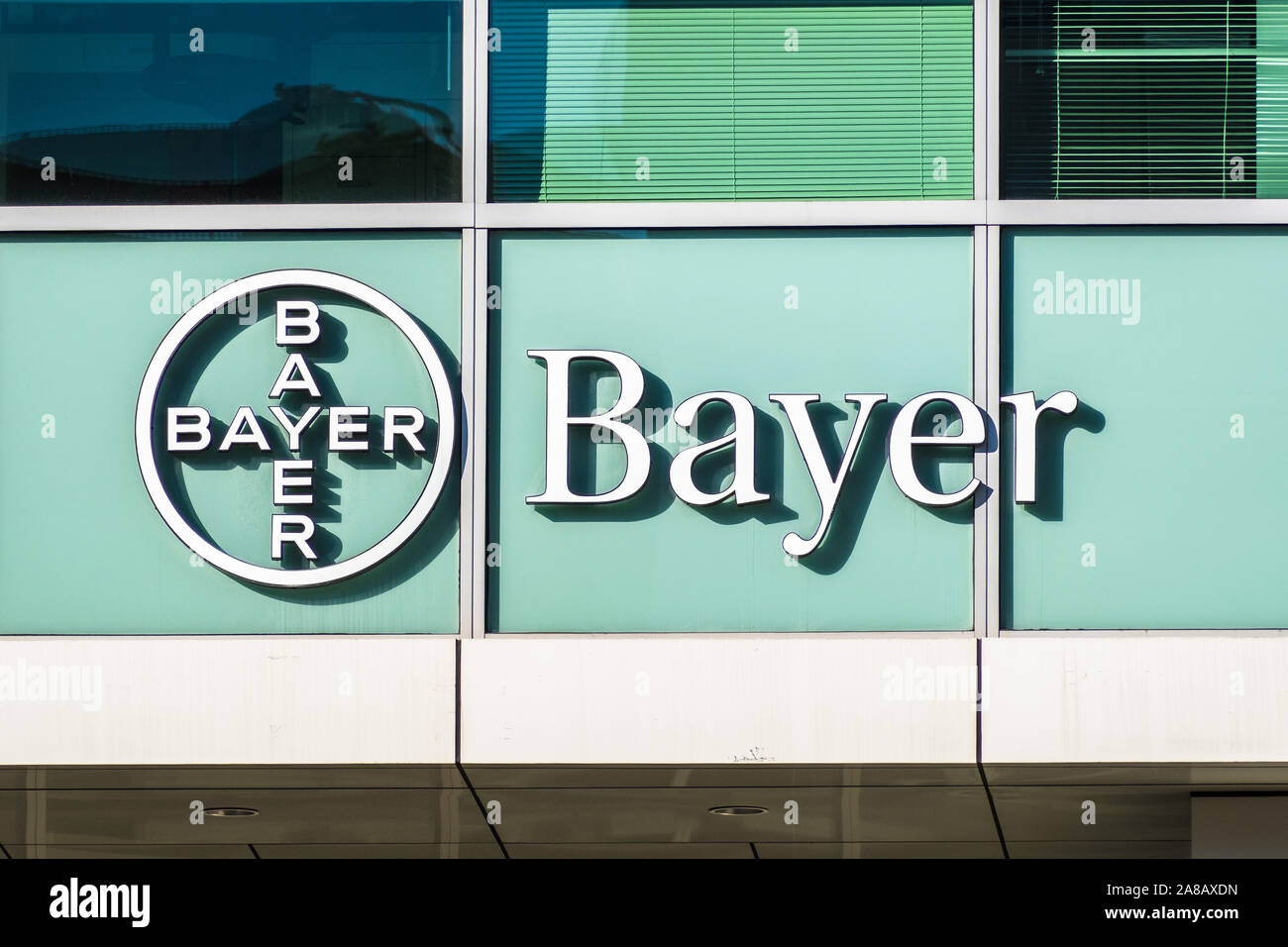 Nov 2, 2019 San Francisco / CA / USA - Bayer offices located in Mission Bay District; Bayer AG is a German multinational pharmaceutical and life scien Stock Photo