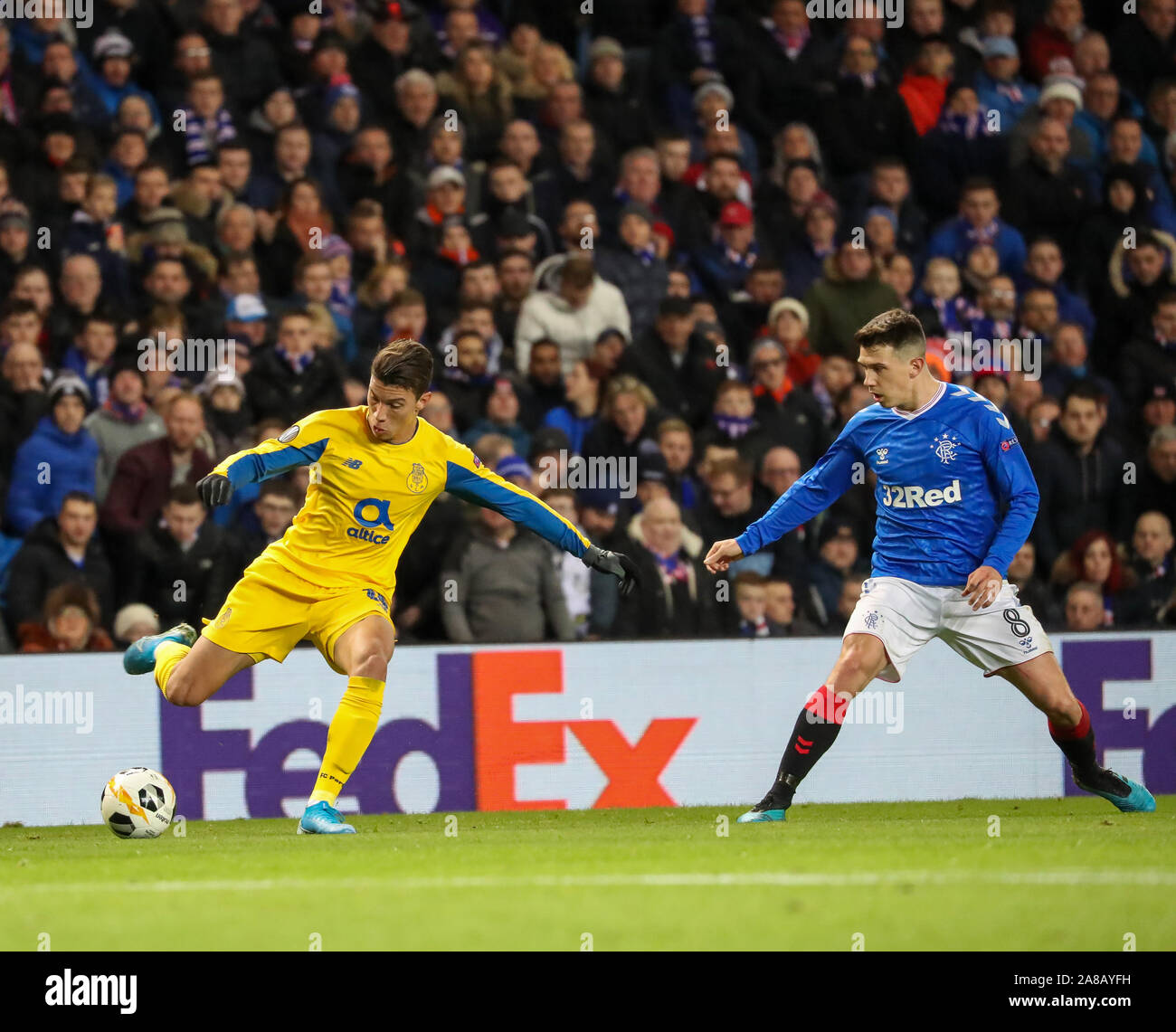 Glasgow, UK. 07th Nov, 2019. Glasgow Rangers played their fourth UEFA Europa League Group G fixture at their home ground, Ibrox Stadium, Glasgow against FC Porto from Portugal. This was the return match against Porto when the score was a draw at 1 -1 at Estádio do Dragão and this was an important game for both teams. Rangers won 2 -0. Credit: Findlay/Alamy Live News Stock Photo