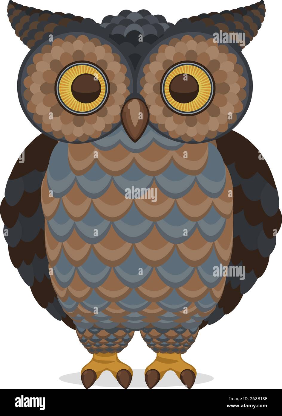 Wise Intelligent blue and brown Standing Owl Front view, vector illustration. Stock Vector