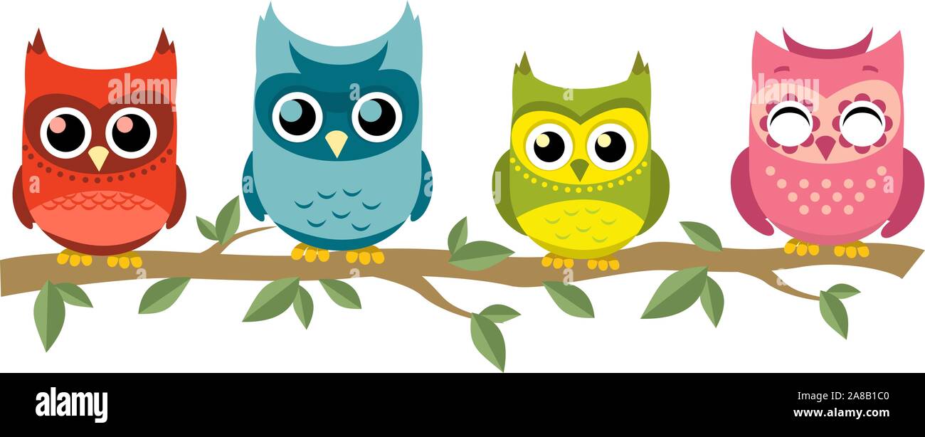 Four owls perching together, with red owl, blue owl, green and yellow owl, pink owl vector illustration. Stock Vector