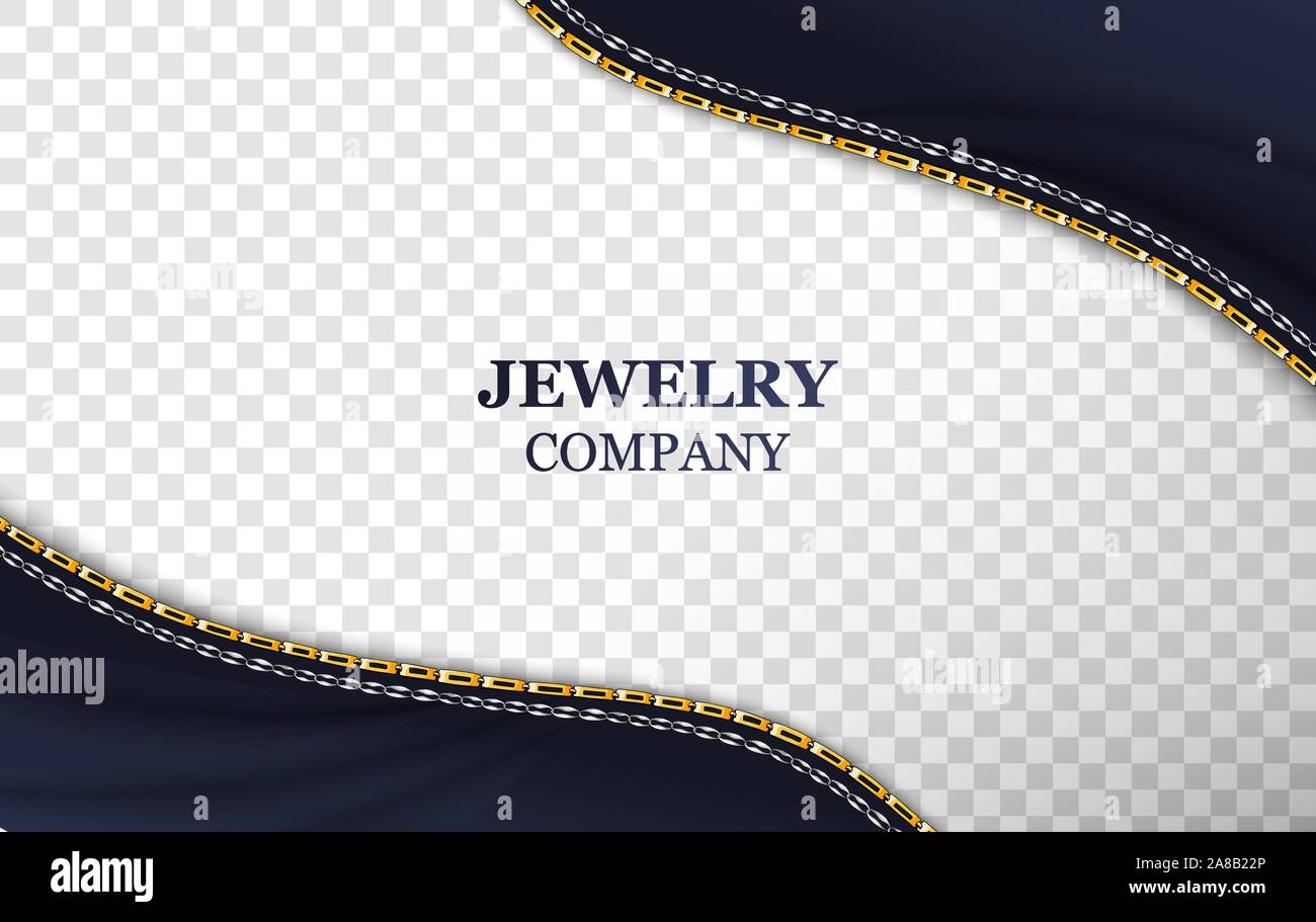Jewelry company banner realistic template. Golden shiny chain on vector transparent background. Luxury accessory border on blue cloth. Silver bracelet, belt illustration with typography Stock Vector