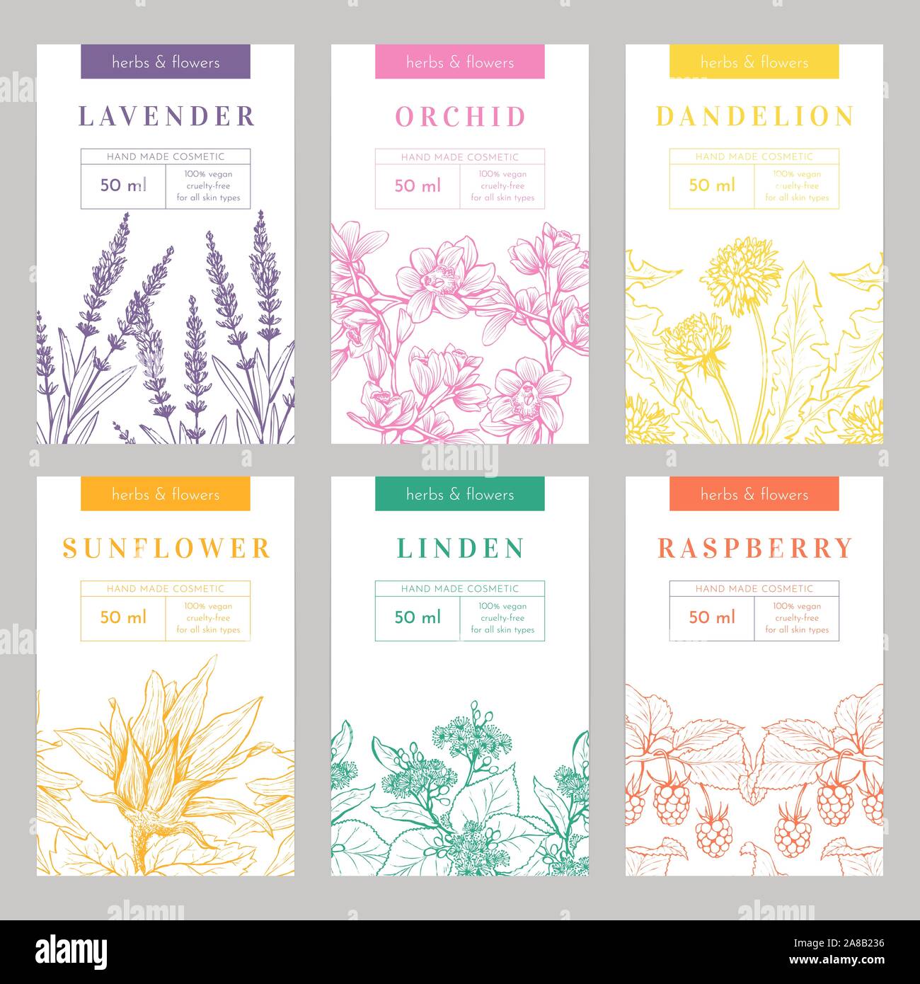 Hand Made Products Hand Drawn Vector Packaging Templates Set Herbal Cosmetics Natural Beauty Product Branding Identity Design Eco Skincare With Linden Sunflower Lavender Organic Ingredients Stock Vector Image Art Alamy