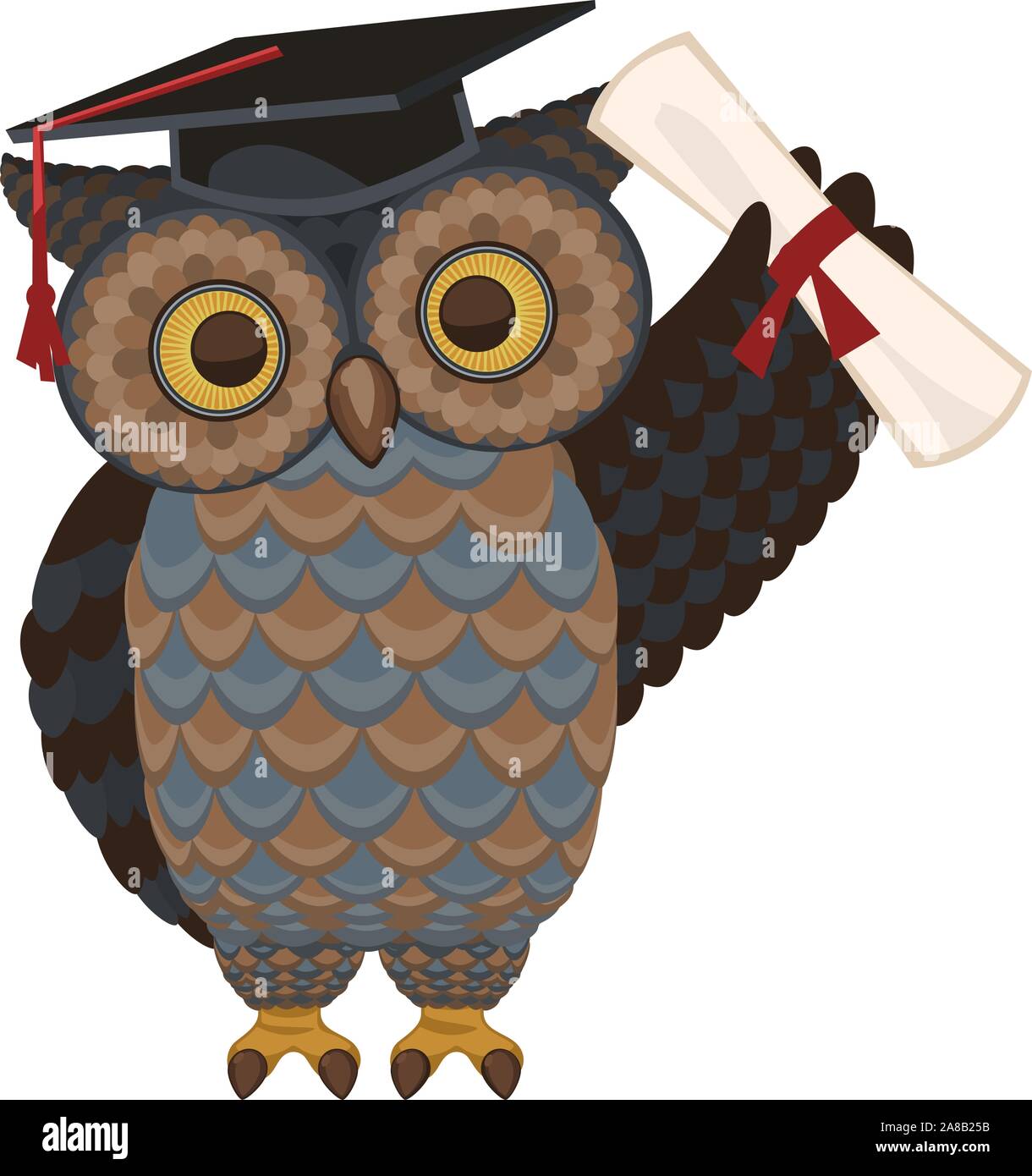 Wise owl standing with diploma and hat vector illustration. Stock Vector