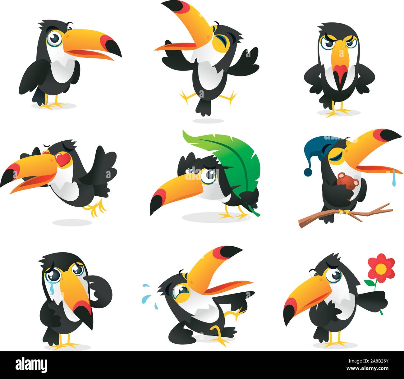 Nine Toucan cartoon collection, with nine tucan in different situations like, standing toucan, flying toucan, mad toucan, in love toucan, with leaf to Stock Vector