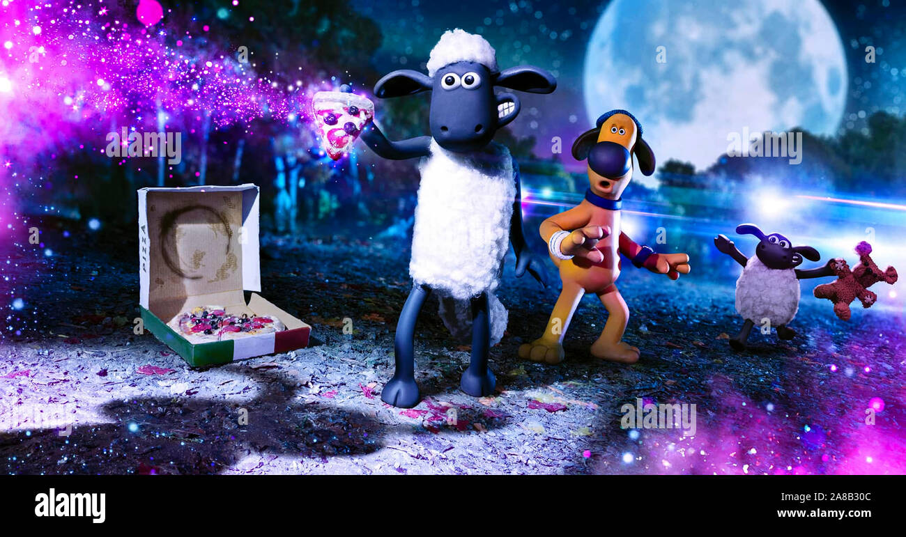 A Shaun the Sheep Movie: Farmageddon (2019) directed by  Will Becher and Richard Phelan and starring Andy Nyman, Justin Fletcher, Joe Sugg and Kate Harbour. Shaun the sheep helps a stranded alien find a way home. Stock Photo