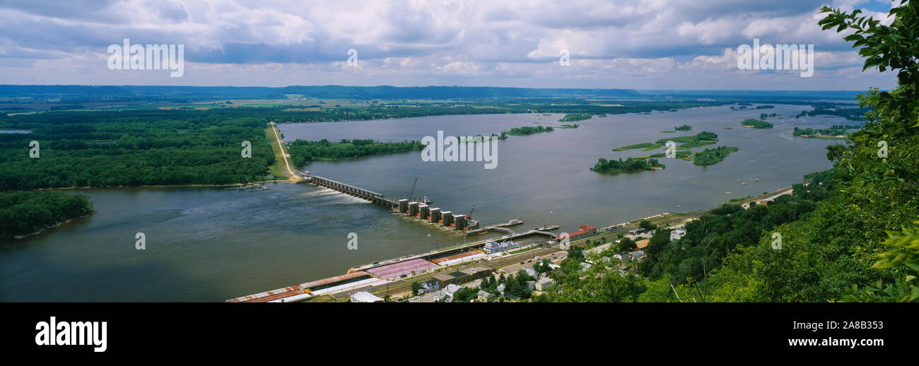 Aerial View Of Lock and Dam 4 Over Mississippi River, Alma, Wisconsin