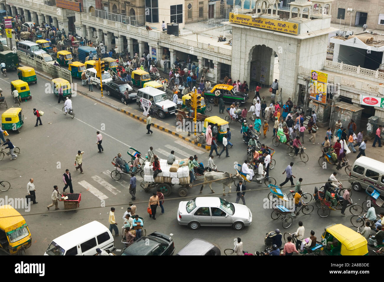 High angle view of traffic on a road, HC Sen Road, Chandni Chowk, Old Delhi, Delhi, India Stock Photo