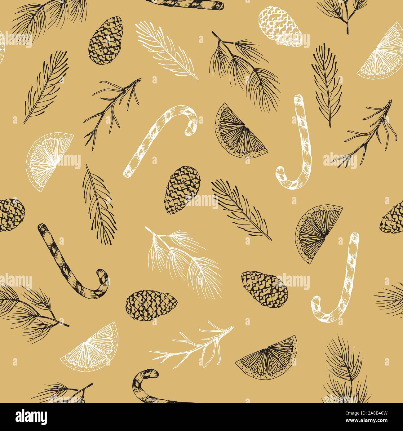 Christmas Seamless pattern with Pine Branches, winter plants hand drawn art design vector illustration. Stock Vector