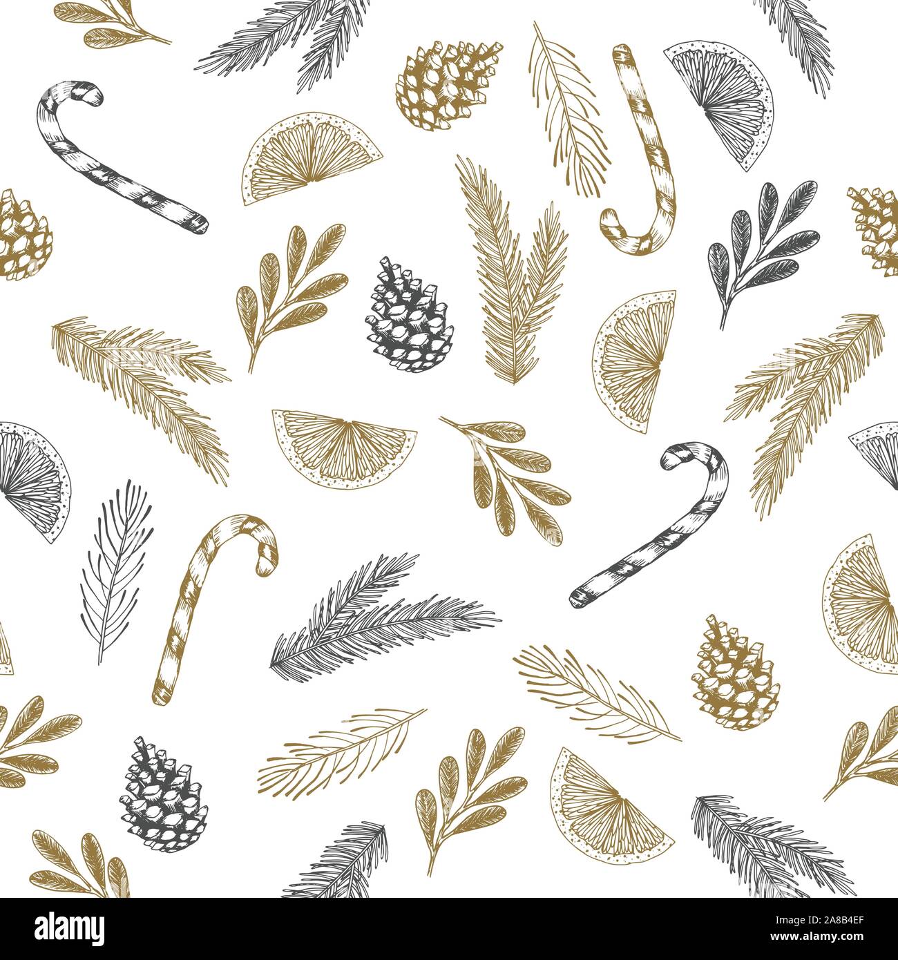 Christmas Seamless pattern with Pine Branches, winter plants hand drawn art design vector illustration. Stock Vector