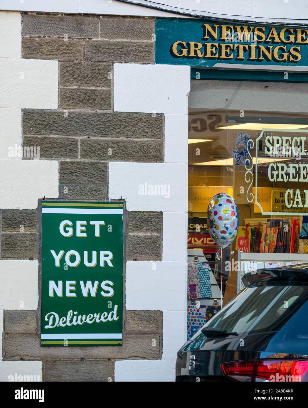 Old fashioned newsagent sign, High Street, North Berwick, East Lothian, Scotland, UK Stock Photo
