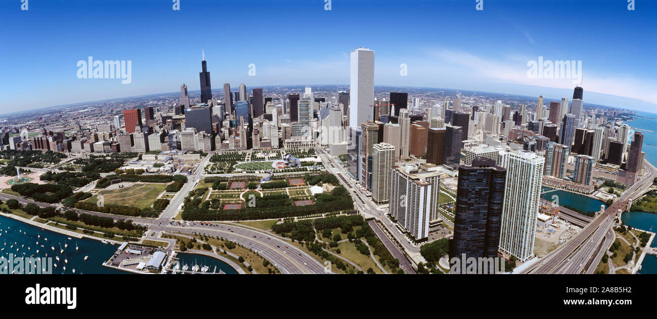 Aerial view of buildings in a city, Lake Michigan, Lake Shore Drive ...