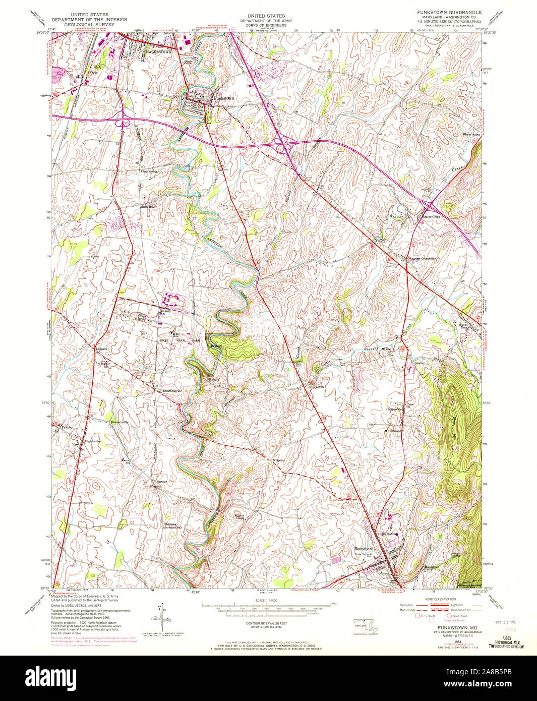 USGS TOPO Map Maryland MD Funkstown 256348 1953 24000 Stock Photo Alamy