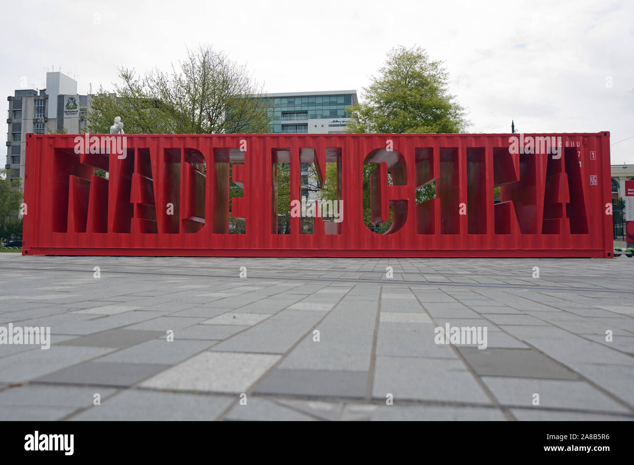 CHRISTCHURCH, NEW ZEALAND, OCTOBER 12, 2019: Cut-out shipping containers declare Made in China in  Christchurch city Stock Photo