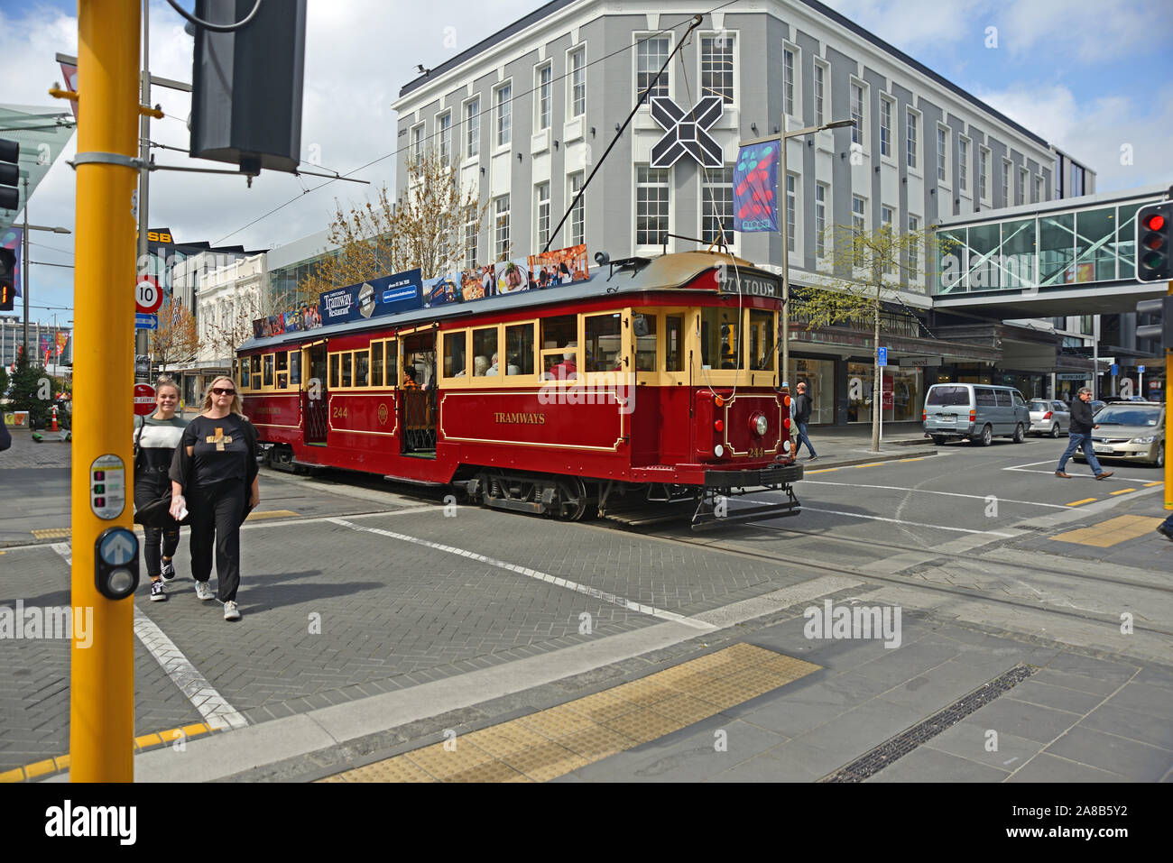 CHRISTCHURCH, NEW ZEALAND, OCTOBER 12, 2019: People on the city tram tour downtown Christchurch Stock Photo