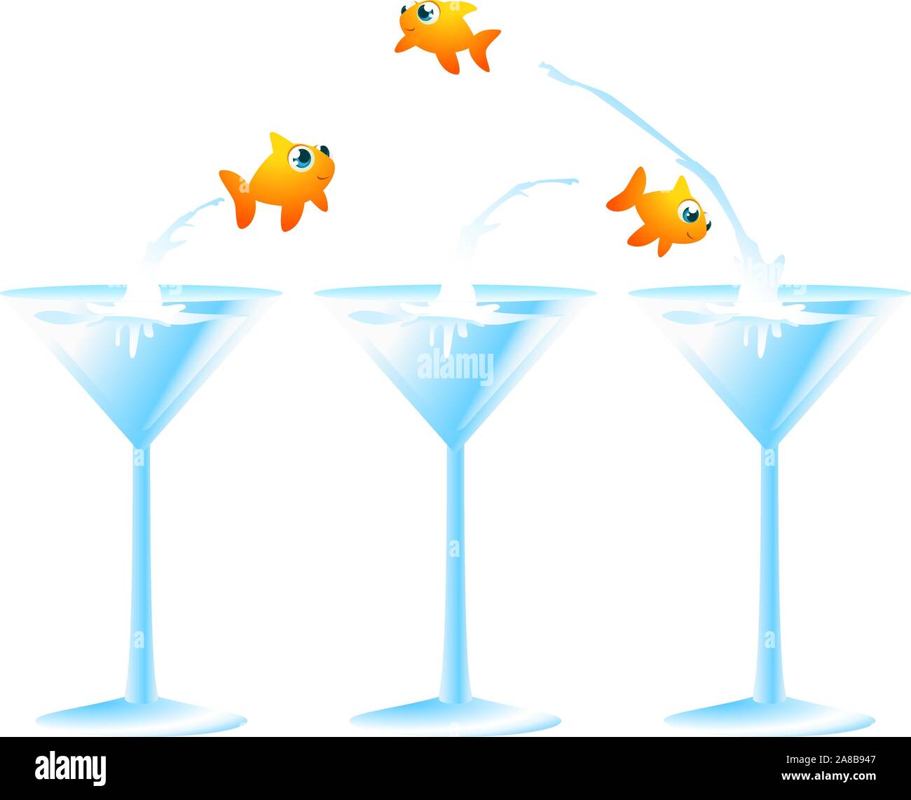 Little goldish fish jumping from a cocktail glass to another f, leaving in the first one two fish friends. Vector illustration. Stock Vector
