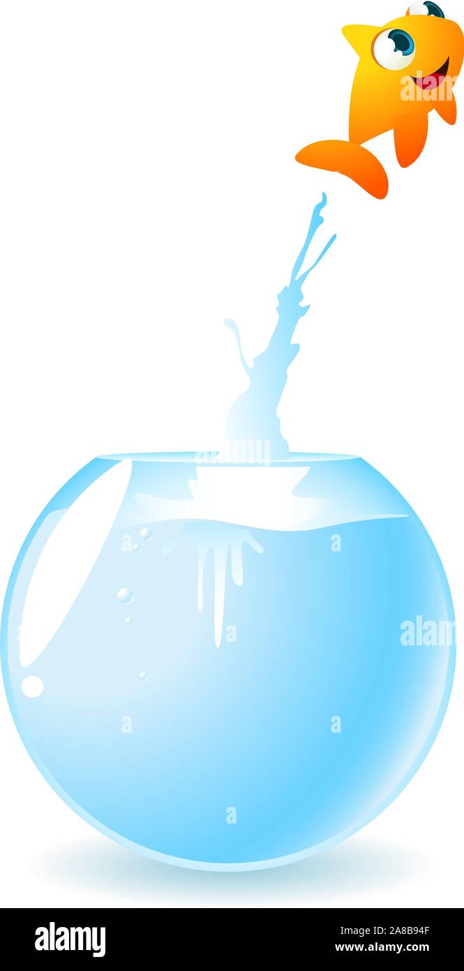 Goldfish escaping jumping out of the goldfish water, vector illustration. Stock Vector