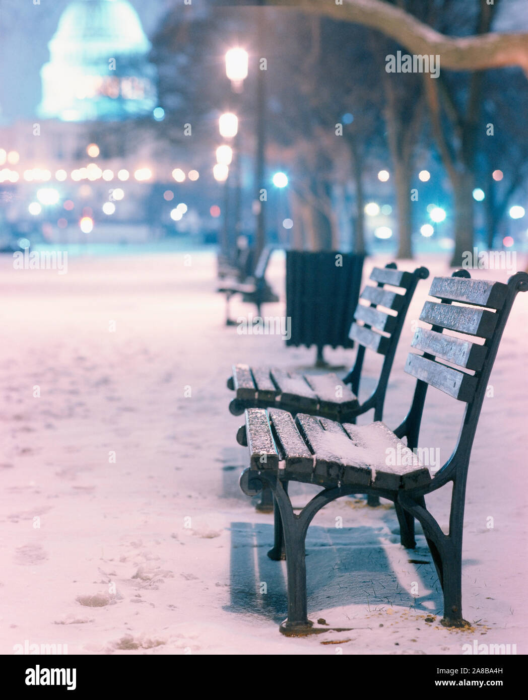 Snow covered benches along a foorpath, US Capitol Building in background, Washington DC, USA Stock Photo