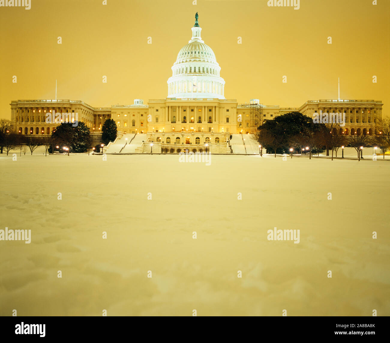 US Capitol Building illuminated at night with snow, Washington DC, USA Stock Photo