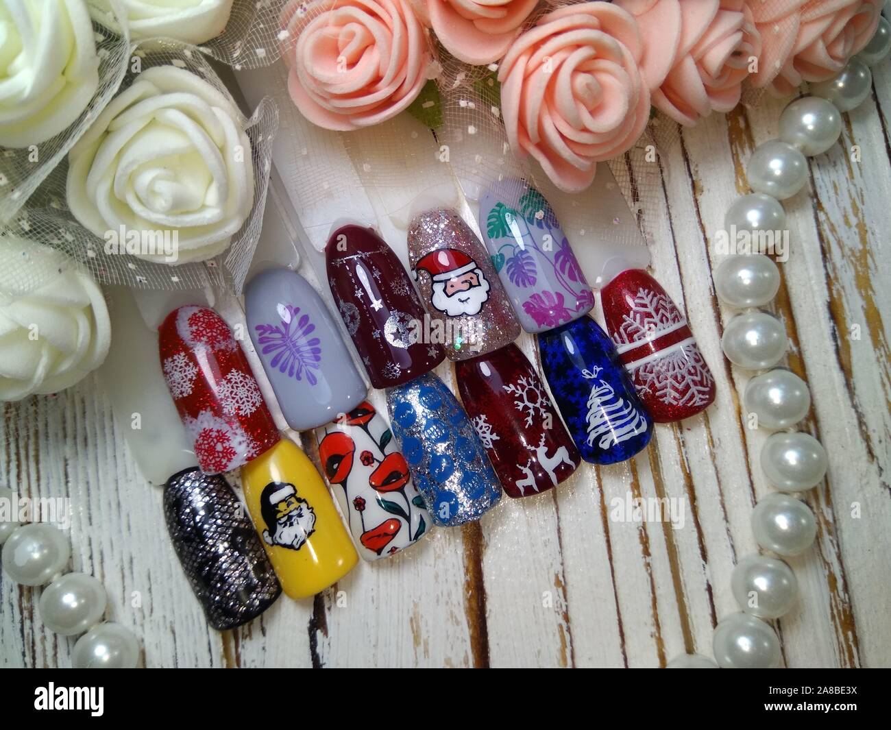 New Year's pattern on artificial nails Stock Photo