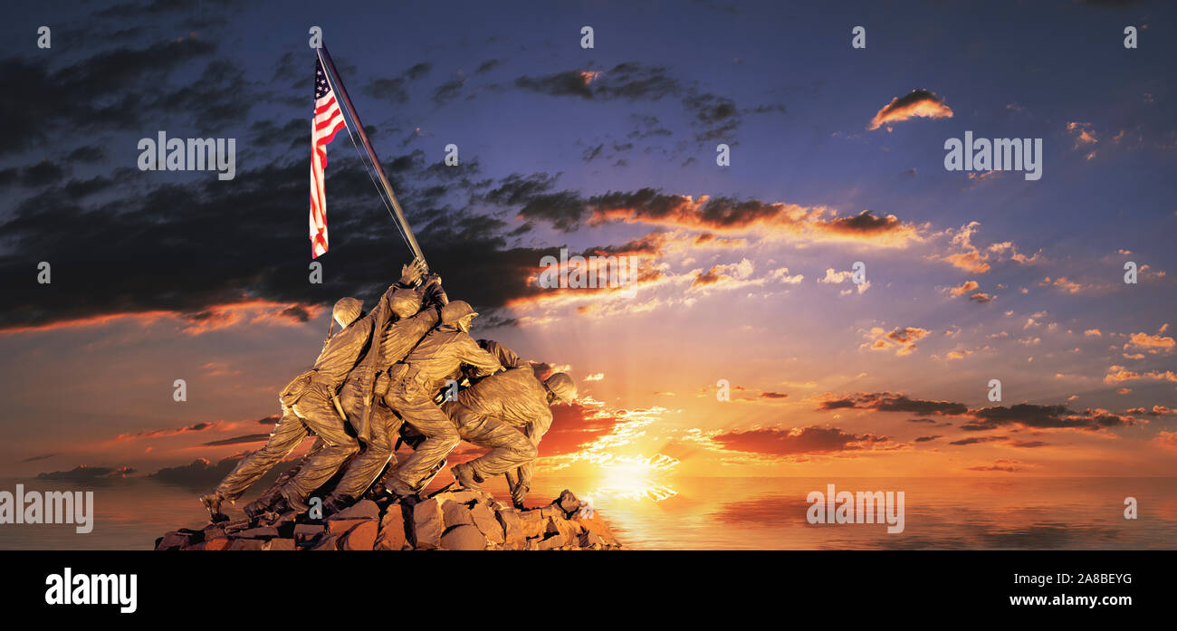 War memorial at sunrise, Iwo Jima Memorial, Rosslyn, Arlington, Arlington County, Virginia, USA Stock Photo