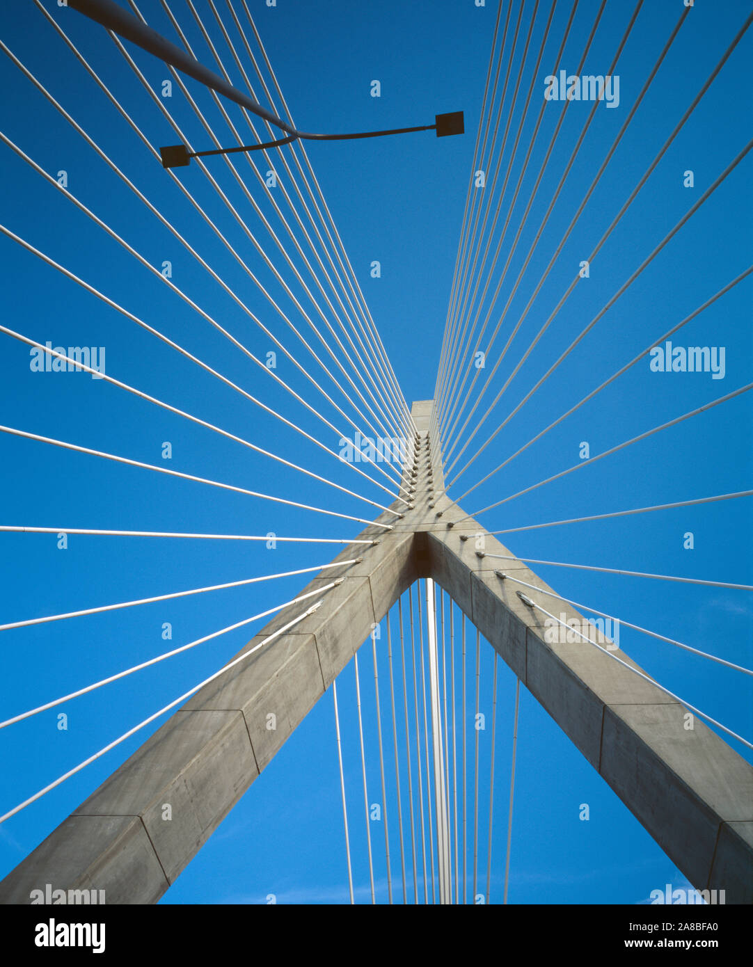 Architectural detail of Zakim Bridge against clear blue sky, Boston, Massachusetts, USA Stock Photo