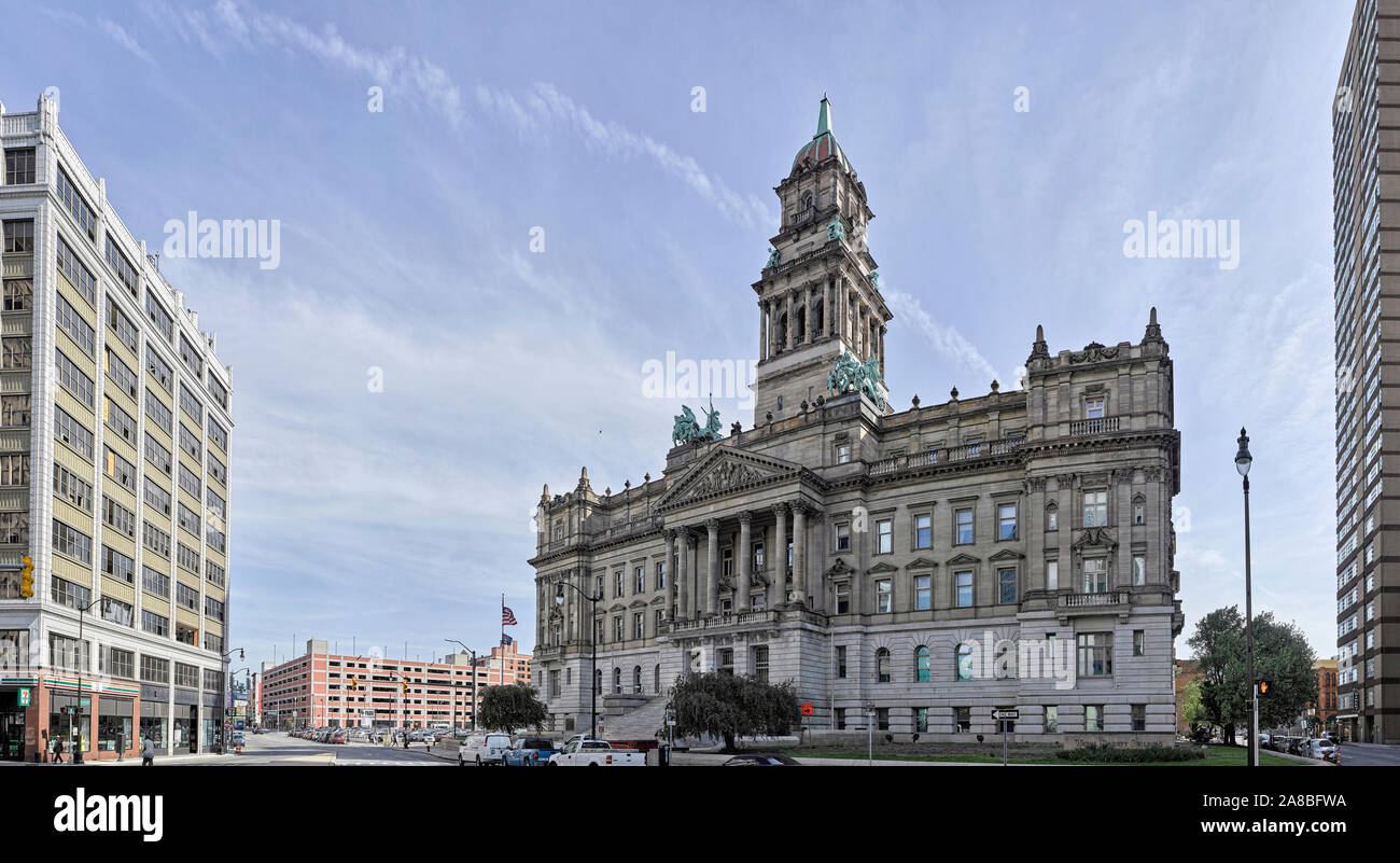 View of exterior of historic Wayne County Building, Detroit, Michigan, USA Stock Photo