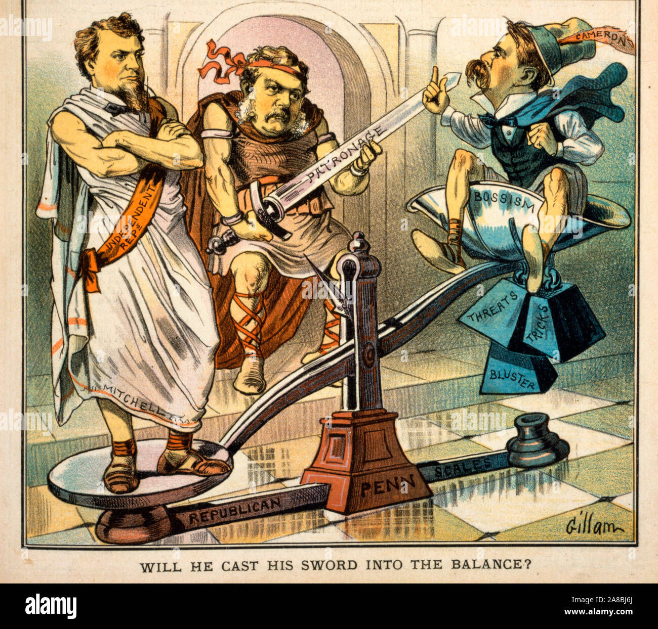 Will he cast his sword into the balance? Cartoon showing Chester Arthur, dressed as a Roman, by 'Republican scales,' holding sword 'patronage,' with Mitchell 'indepencent reps.,' also dressed as a Roman, on one end of the scales, and James Donald Cameron 'bossism' on the other end of scales. Political Cartoon, 1882 Stock Photo