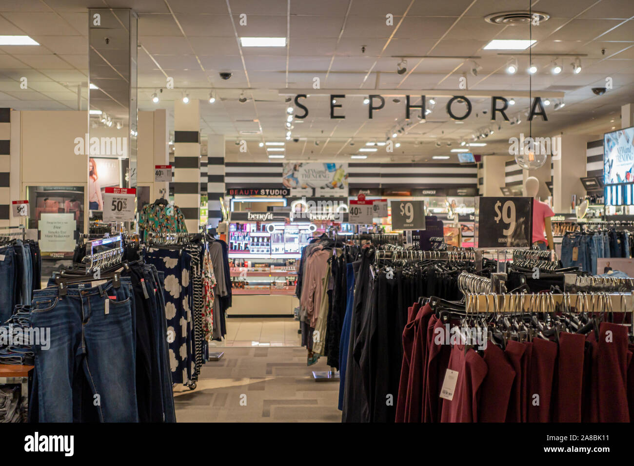 Interior of J C Penny showing women’s clothing and Sephora cosmetic department. USA Stock Photo