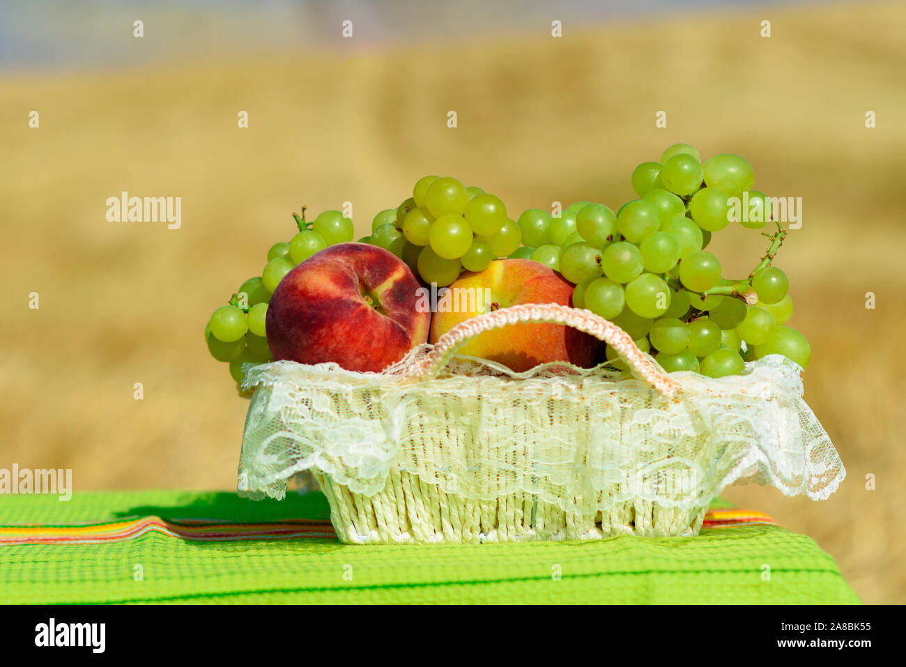 First fruits habikkurim in hebrew on rustic towel. Symbols of jewish