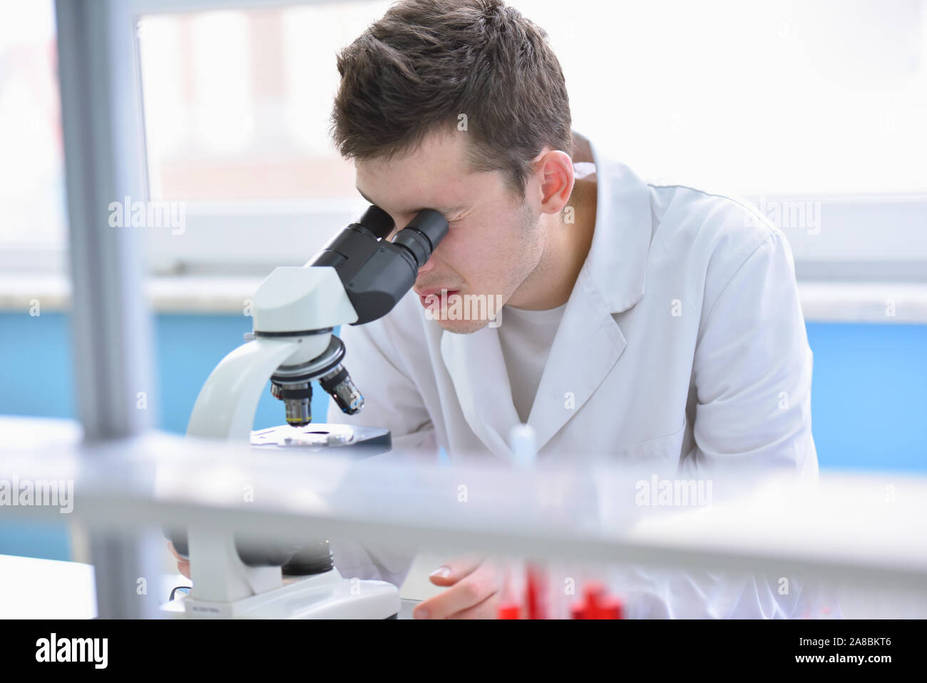 Young male scientist looking through a microscope in a laboratory doing ...