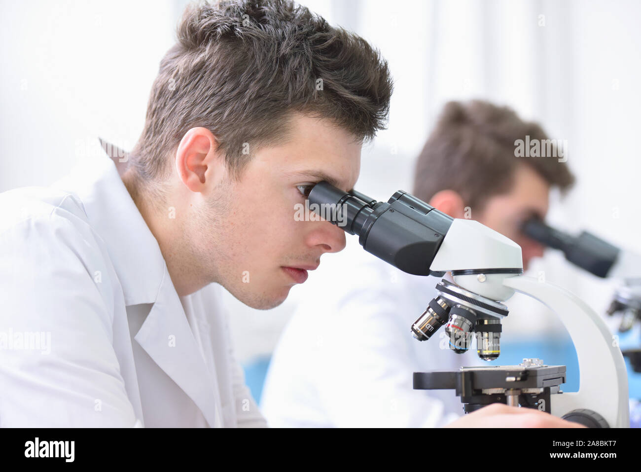 Two Young male scientists looking through a microscope in a laboratory ...