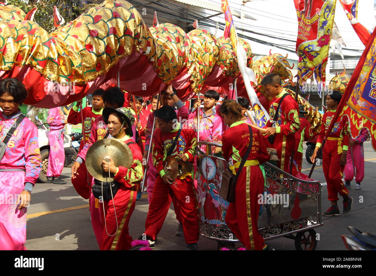 Chinese Dragon dance procession Roi Et, Thailand Stock Photo