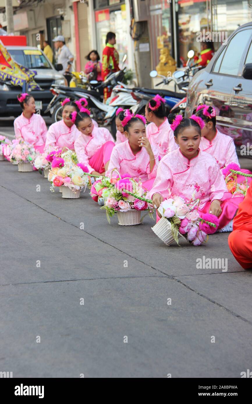 Chinese Dragon dance procession Roi Et, Thailand Stock Photo