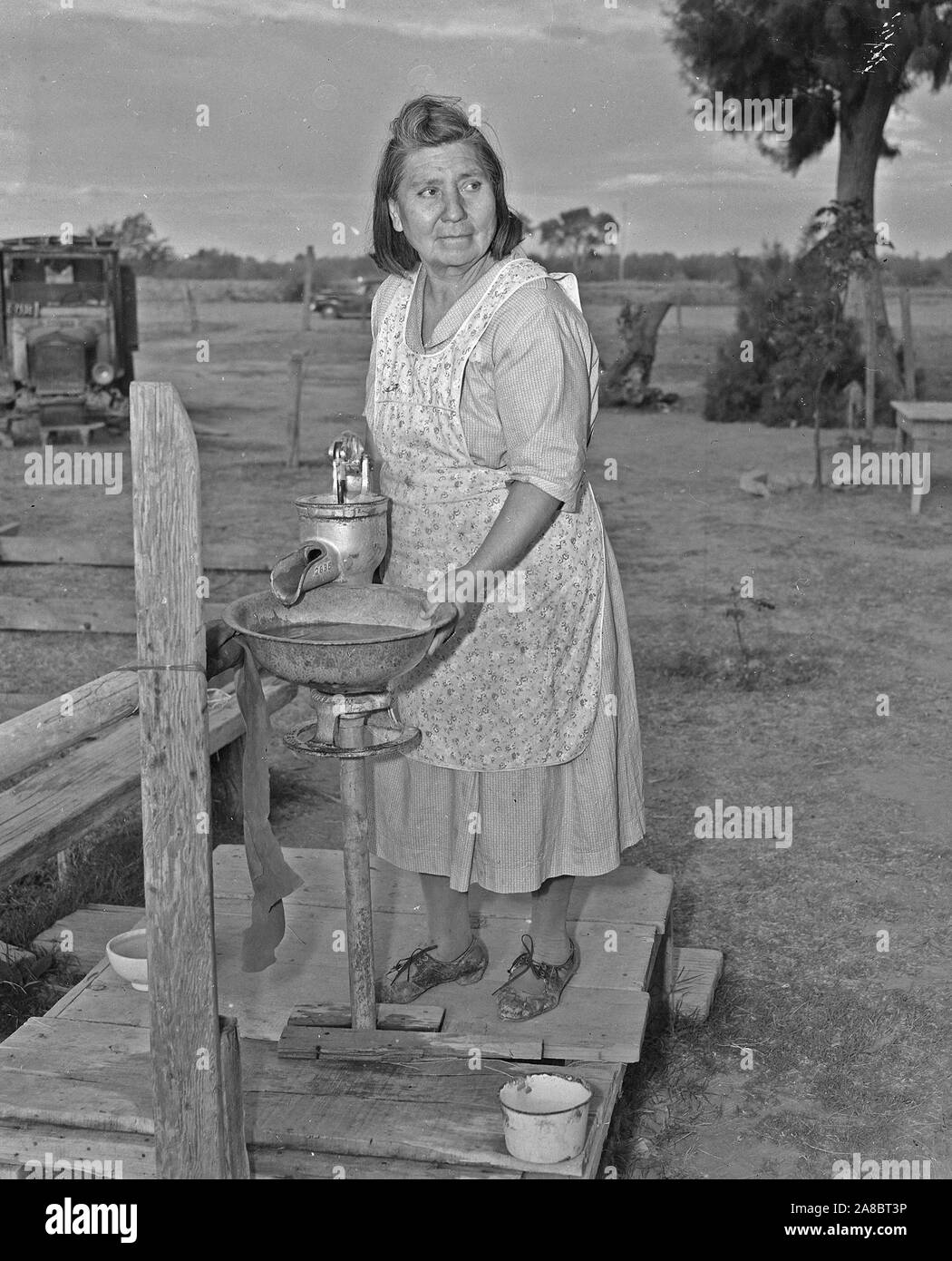 Parker, Arizona. Mrs. Ruby Snyder, Chemehuevi Indian states, 'I hear that the Japanese are wonderful farmers. I would like to go down to see how they grow things.' 4/10/1942 Stock Photo