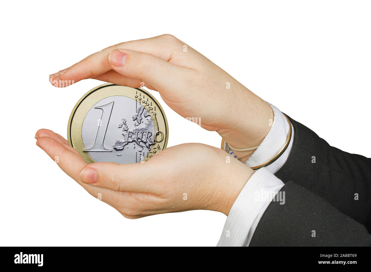 Hand mit 1 Euroe Muenze, Schützende Hände, Sichere Währung, Stock Photo
