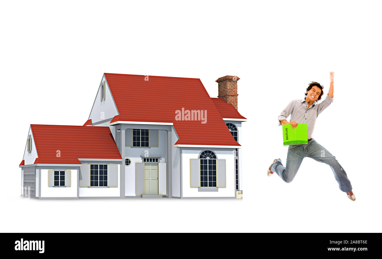 Mann springt vor Freude in die Hoehe, vor Einfamilienhaus, MR:YES Stock Photo