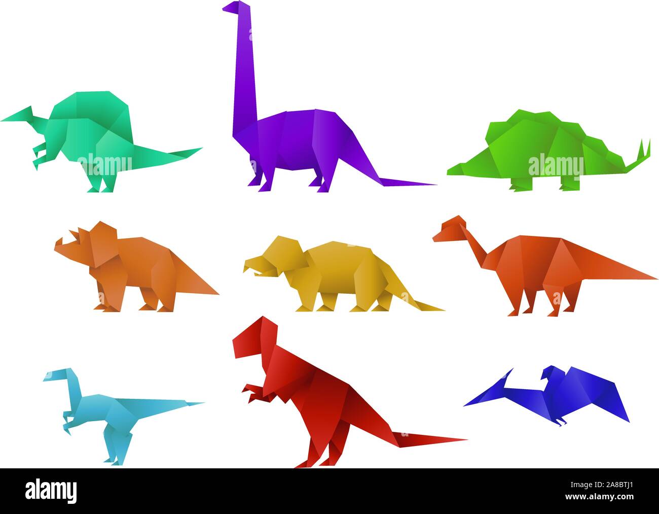 Set of Nine Color Paper Origami Dinosaur Collection vector illustration. Stock Vector