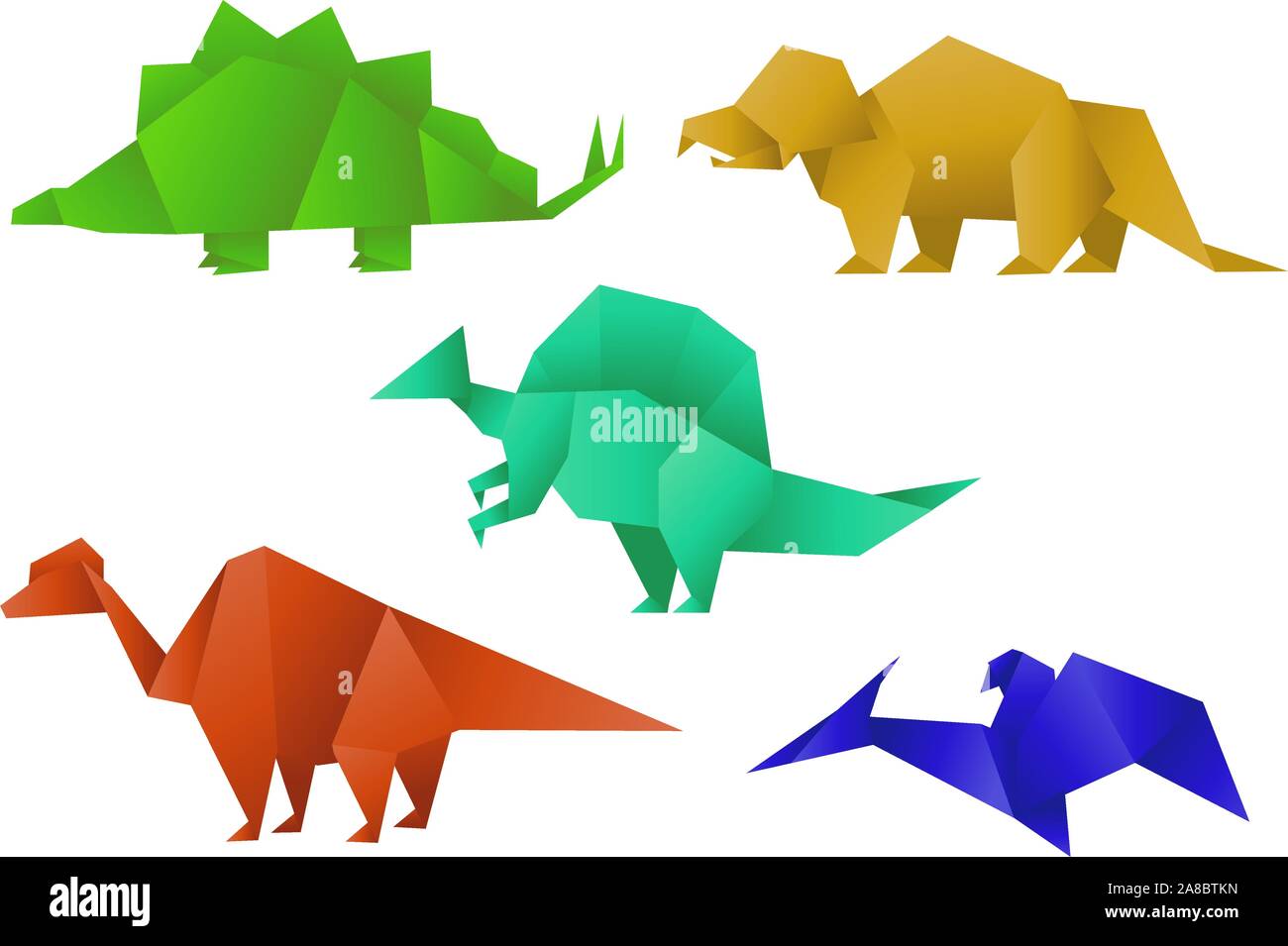 Set of five Color Paper Origami Dinosaur Collection vector illustration. Stock Vector