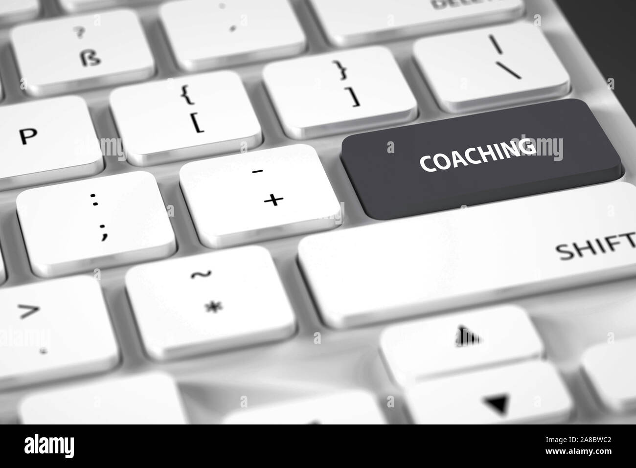 Weisse Computertastatur, belegte Sondertaste, Aufschrift, Coaching Stock Photo