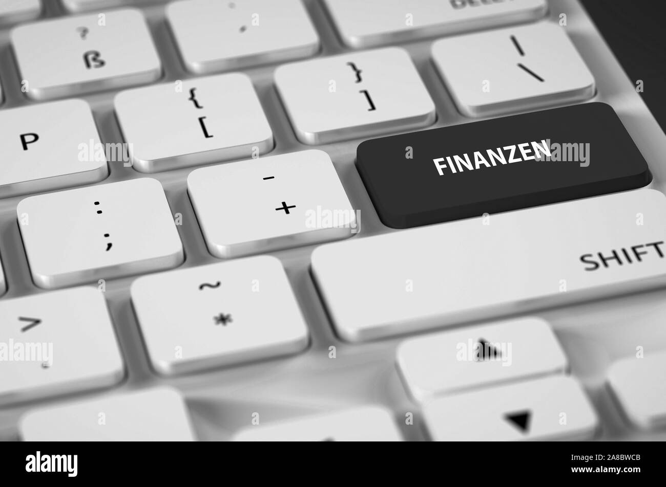 Weisse Computertastatur, belegte Sondertaste, Aufschrift, Finanzen Stock Photo