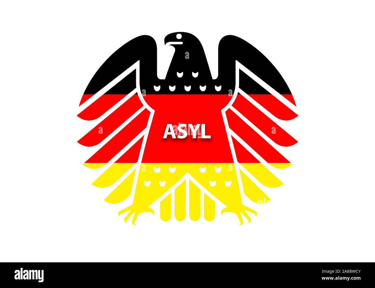 Neuer Bundesadler in den Farben schwarz-rot-gold, Wappentier der Bundesrepublik Deutschland, Inschrift:  ASYL, Stock Photo