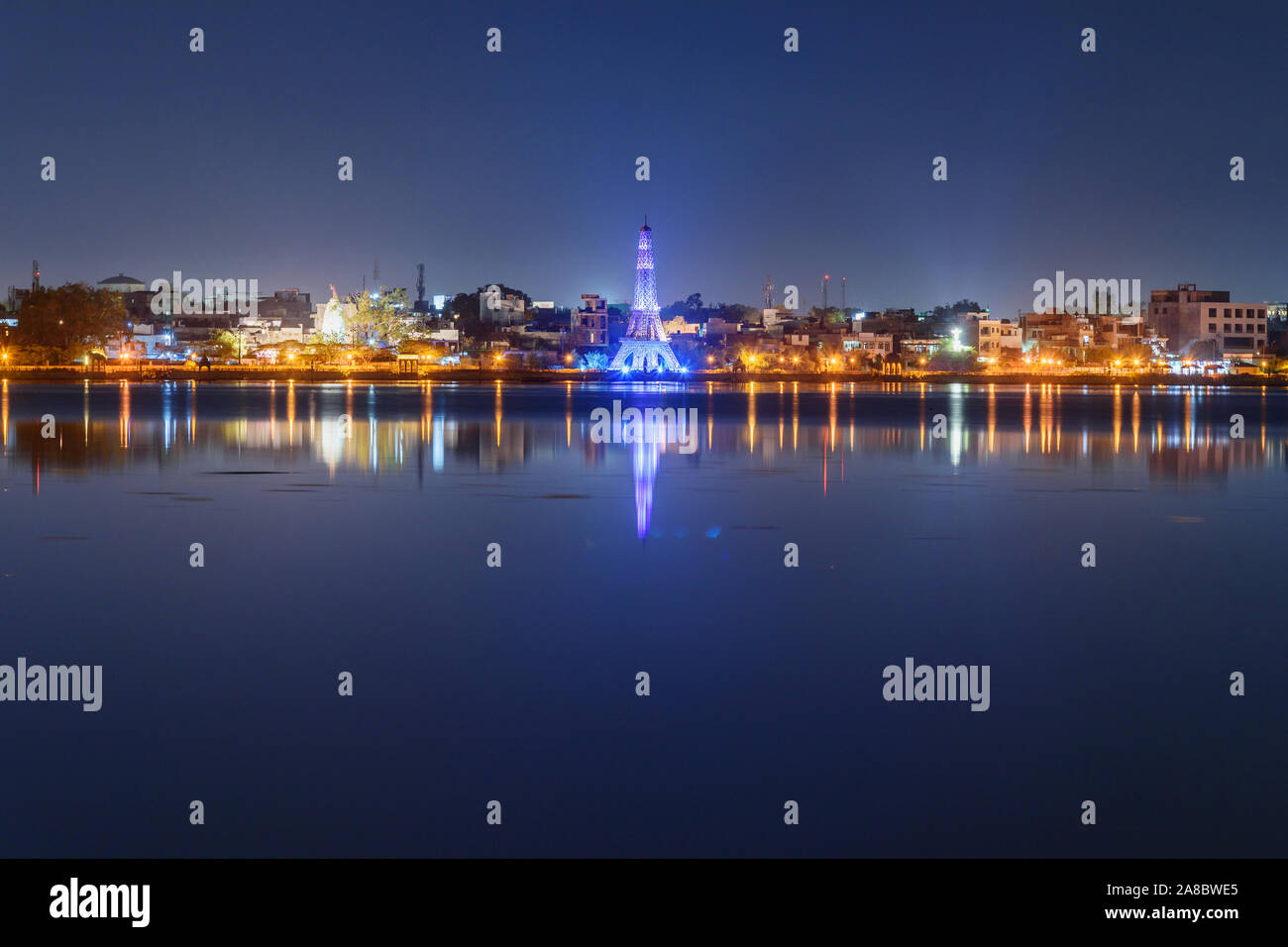 Seven Wonders Park on Kishore Sagar lake at night. Kota. India Stock Photo