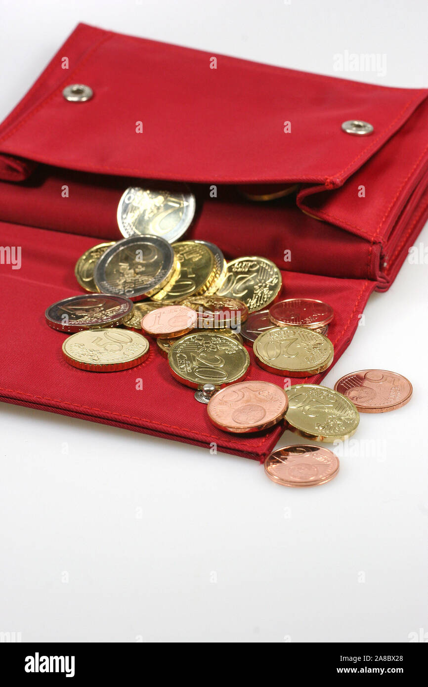 Rotes Portemonnaie mit Muenzen, Geldbörse mit Kleingeld, Stock Photo
