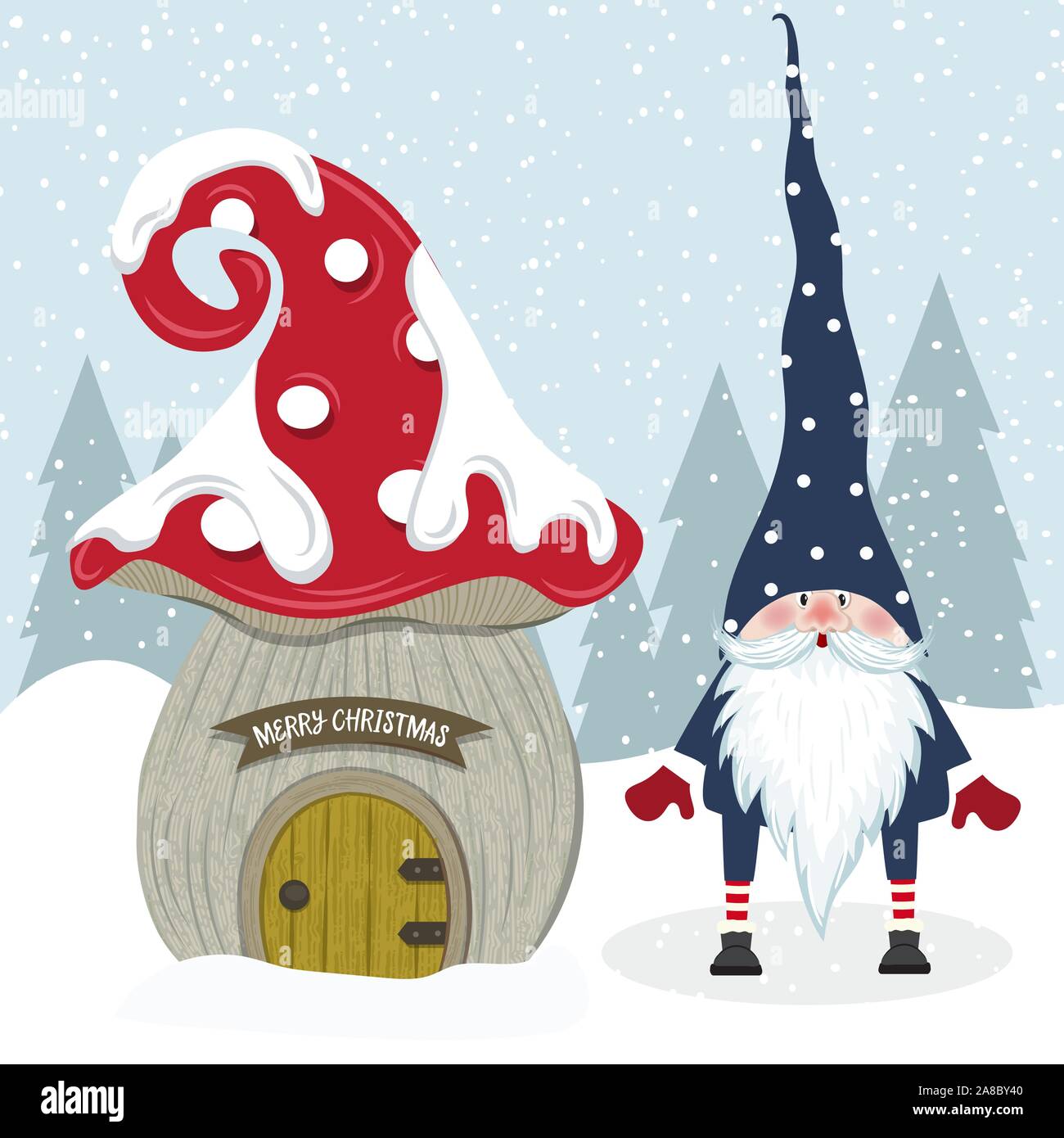 Cute Christmas gnome and her mushroom house. Flat design. Stock Vector
