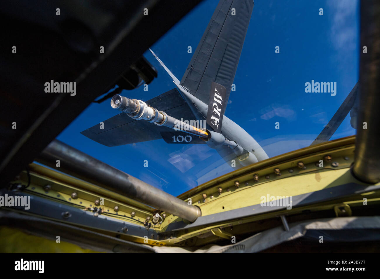 A U.S. Air Force 100th Air Refueling Wing KC-135 Stratoandker refuels a U.S. Air Force 2nd Bomb Wing B-52H Stratofortress during training and integration with the Royal Norwegian Air Force in support of Bomber Task Force Europe 20-1, Nov. 6, 2019, Barents Sea region. This deployment allows aircrews and support personnel to conduct theater integration and to improve bomber interoperability with joint partners and allied nations. (U.S. Air Force photo by Tech. Sgt. Christopher Ruano) Stock Photo
