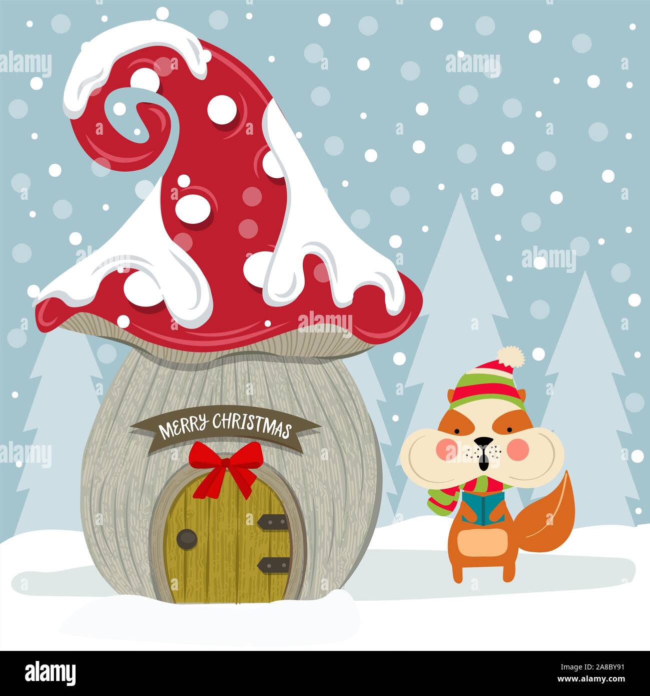 Christmas card with cute squirrel and fairy house. Flat design. Vector