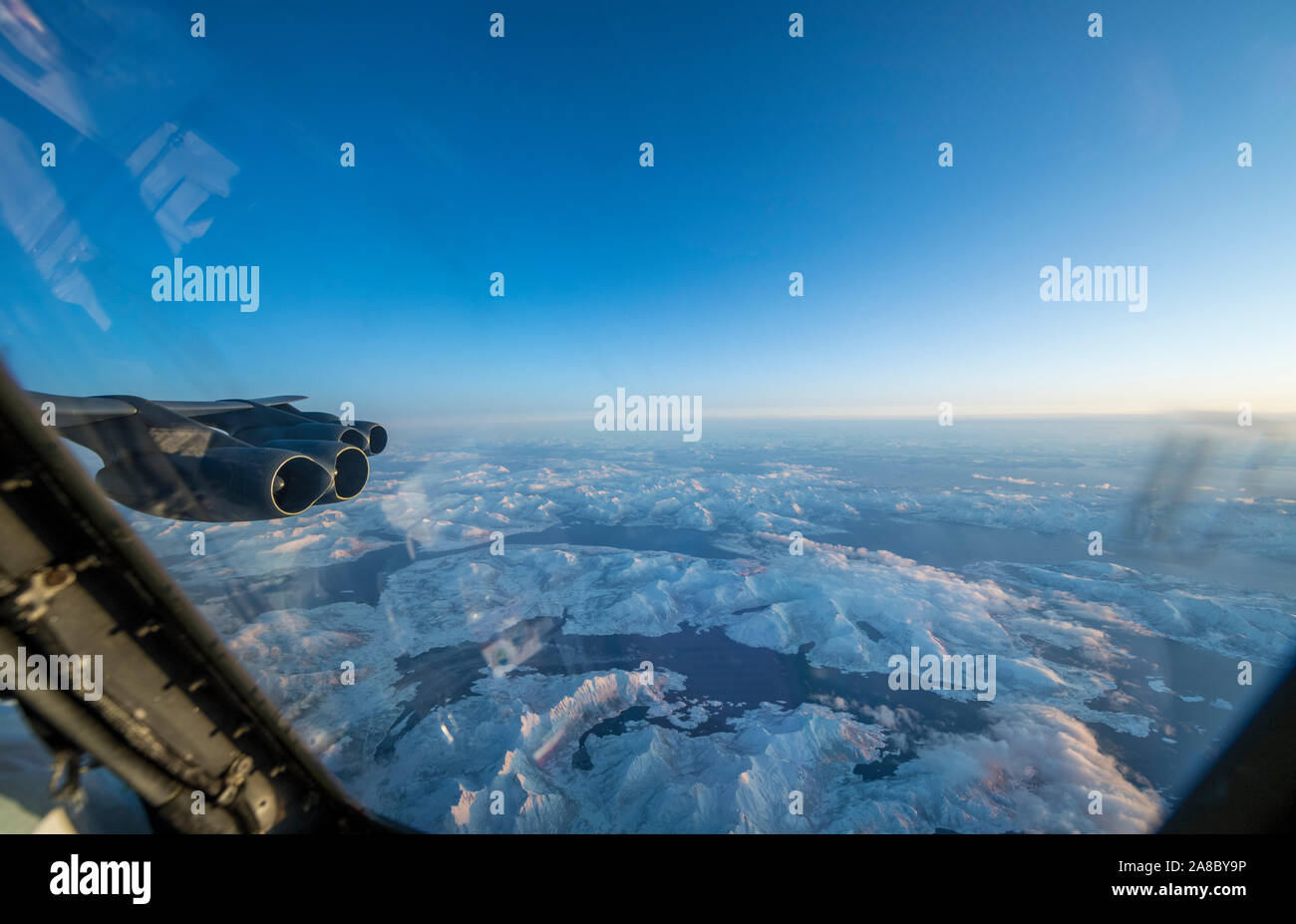 A U.S. Air Force 2nd Bomb Wing B-52H Stratofortress soars across the Norwegian sky during training and integration with the Norwegian Air Force in support of Bomber Task Force Europe 20-1, Nov. 6, 2019. This deployment allows aircrews and support personnel to conduct theater integration and to improve bomber interoperability with joint partners and allied nations. (U.S. Air Force photo by Tech. Sgt. Christopher Ruano) Stock Photo