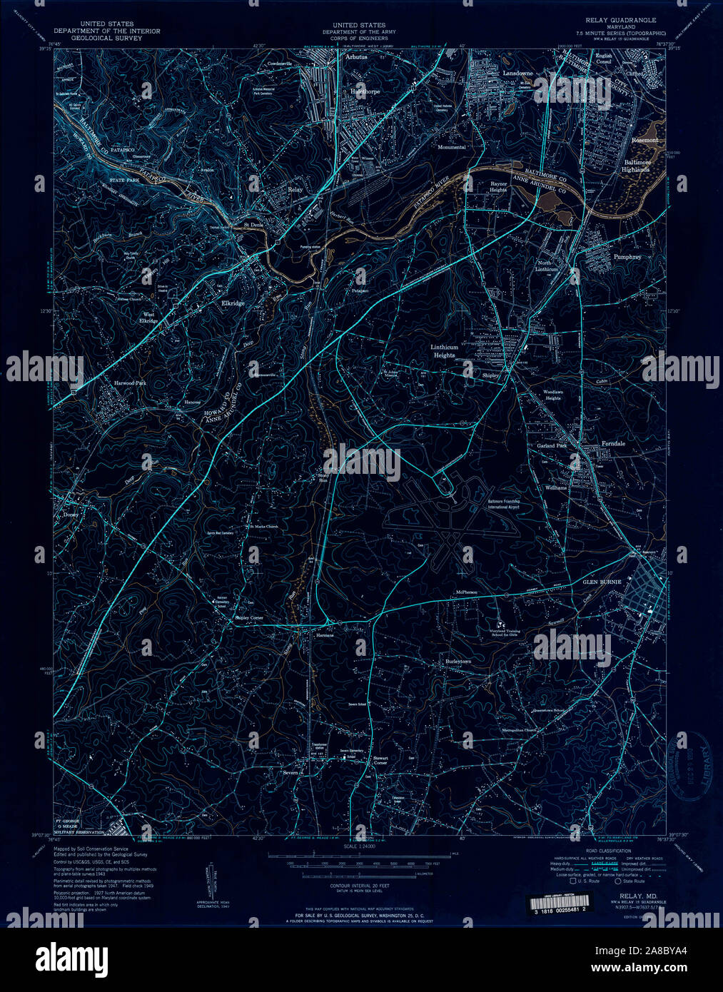 USGS TOPO Map Maryland MD Relay 461470 1950 24000 Inverted Stock Photo ...