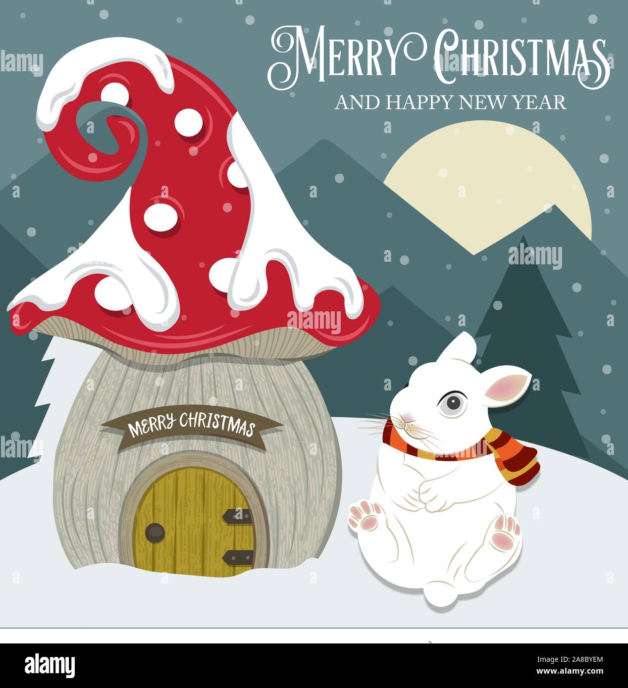 Beautiful Christmas card with gome house and rabbit. Flat design. Vector Stock Vector