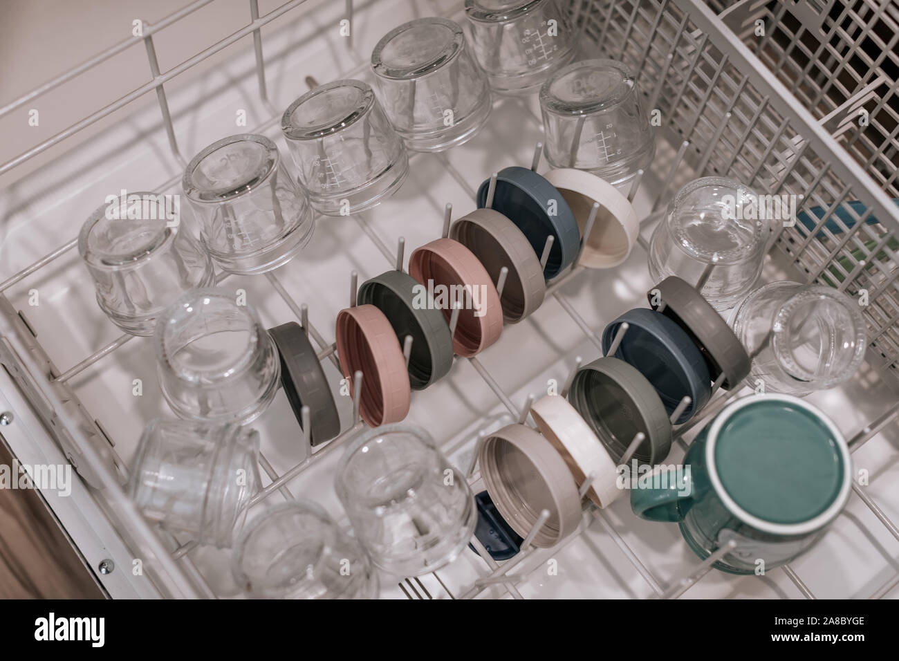 Glass Baby Food Storage Containers in dishwasher Stock Photo